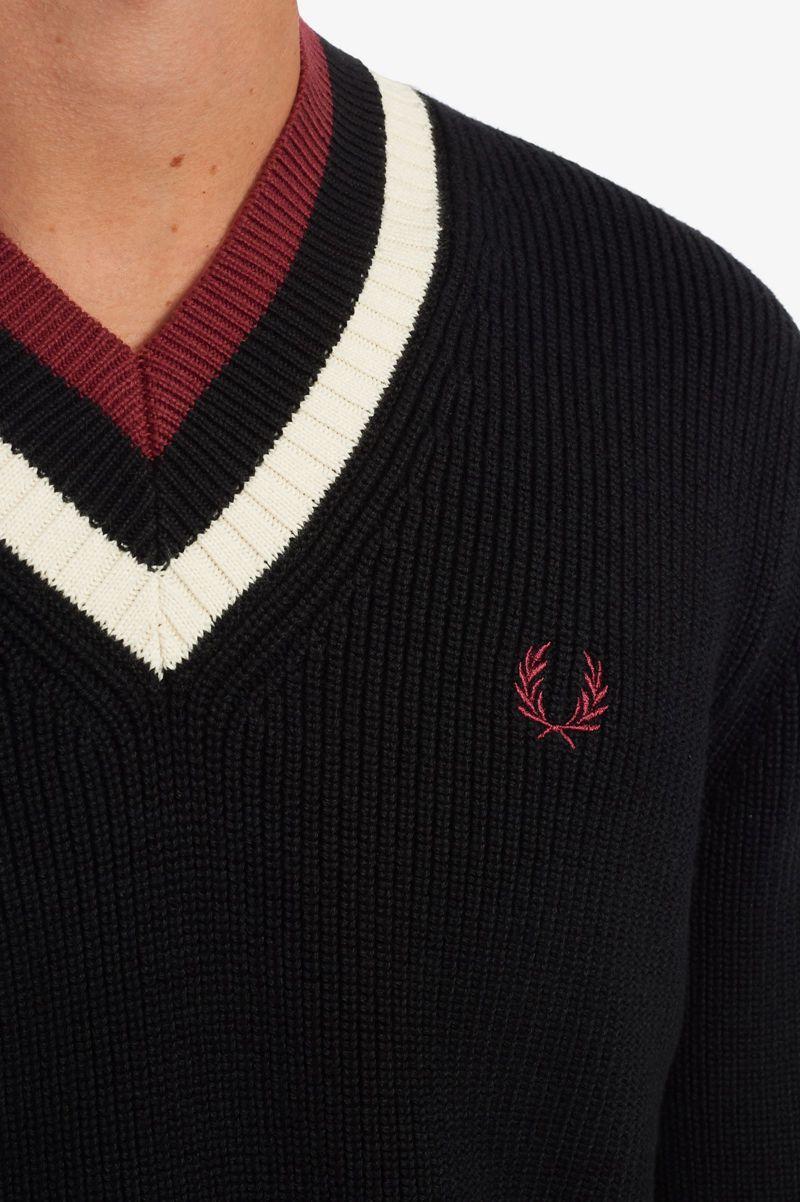 Black Fred Perry Striped V-Neck Jumper Men's Knitwear | PH 1322ZUTG